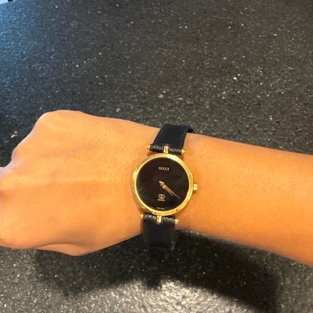Gucci Gold and Black Leather Strap Watch
